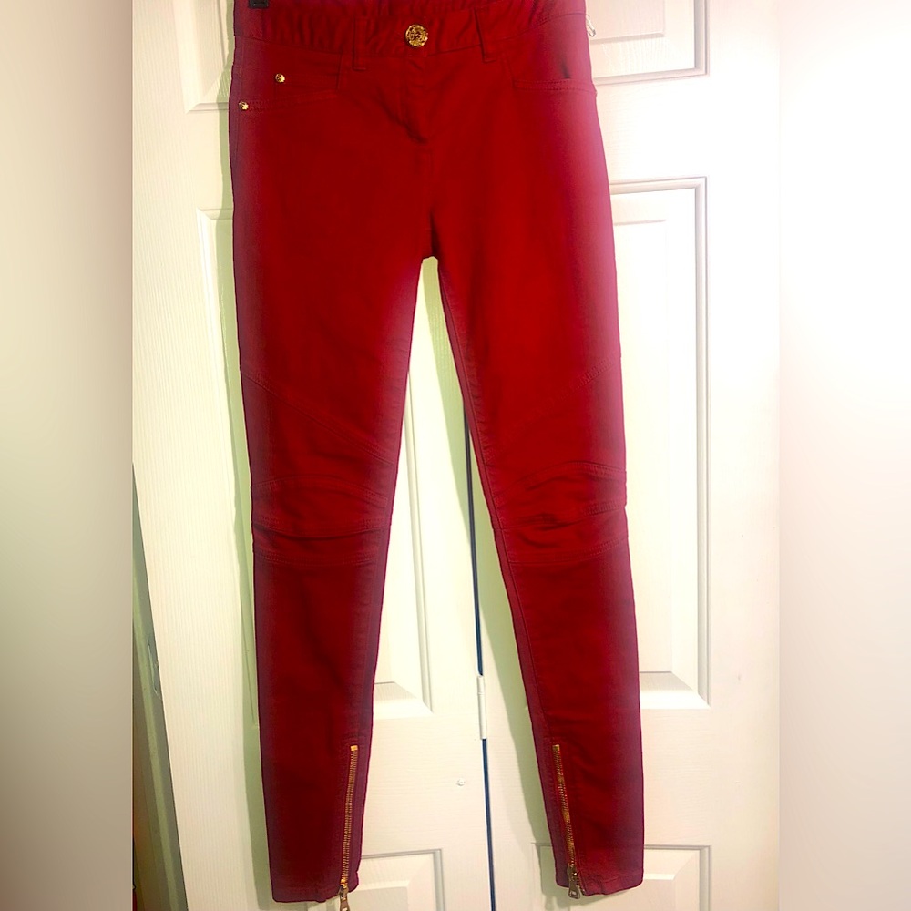 Red Balmain cropped Moto denim gold hardware sz 34 EUR US 4